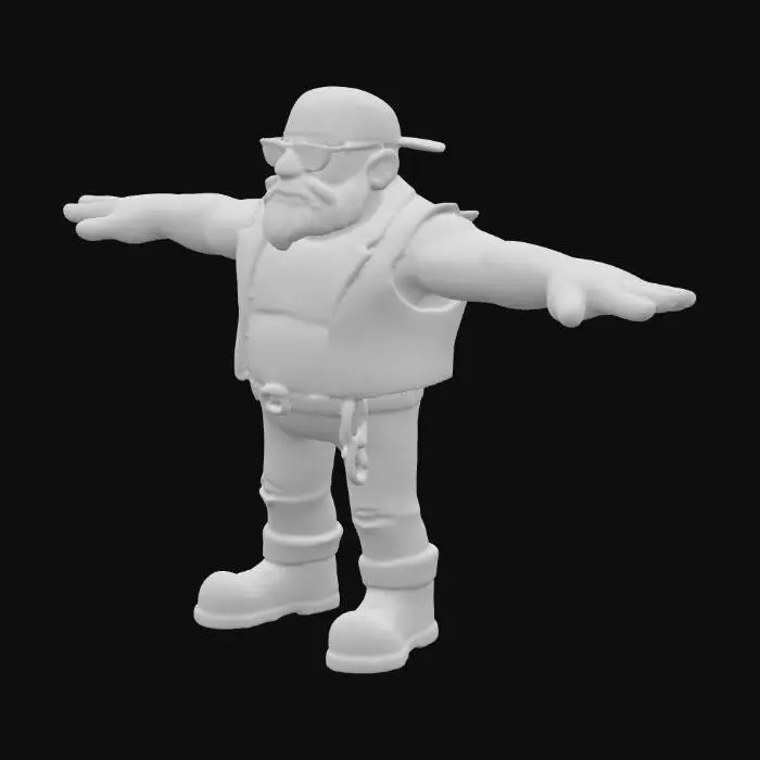 3D model for A stylized 3D character model of a muscular bouncer, based on the reference image. He has a beard, sunglasses, backwards cap, tattoos on both arms, leather vest, white tank top, ripped jeans, belt with a chain, and heavy boots. The style should be cartoonish and exaggerated, like a trash-punk comic or indie game character. T-pose, clean topology, game-ready, low–mid poly count suitable for Unreal Engine, with PBR textures (base color, roughness, metallic, normal, AO). Preserve bold colors and strong outline feel from the concept art. The model should look tough but stylized, not realistic.