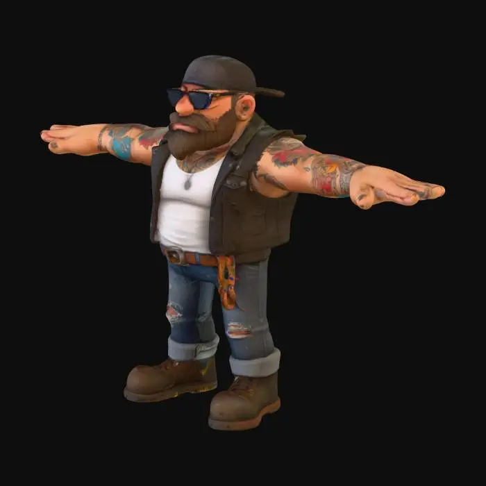 3D model for A stylized 3D character model of a muscular bouncer, based on the reference image. He has a beard, sunglasses, backwards cap, tattoos on both arms, leather vest, white tank top, ripped jeans, belt with a chain, and heavy boots. The style should be cartoonish and exaggerated, like a trash-punk comic or indie game character. T-pose, clean topology, game-ready, low–mid poly count suitable for Unreal Engine, with PBR textures (base color, roughness, metallic, normal, AO). Preserve bold colors and strong outline feel from the concept art. The model should look tough but stylized, not realistic.