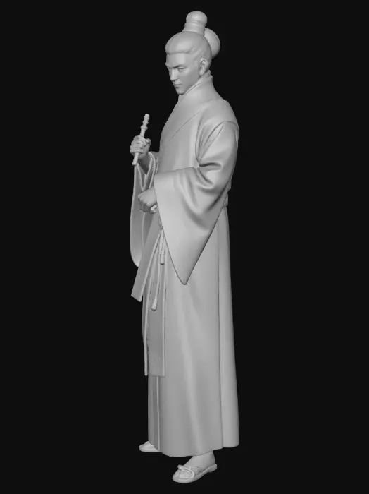 3D model for Create a realistic wuxia character 3D model: Huang Yaoshi (东邪), the reclusive master of Peach Blossom Island from Jin Yong’s Legend of the Condor Heroes.
Core look: tall and lean (清癯高瘦), refined scholar-warrior aura, calm arrogant gaze, elegant but dangerous.
Outfit: traditional Chinese literati look — cyan/teal long robe (青衣直缀) with clean silhouette and believable cloth behavior; matching square headscarf (方巾). No fantasy robes, no oversized fluttering ribbons.
Props: a jade flute (玉箫) as the signature weapon/ instrument, with subtle translucency and realistic micro-scratches, finger contact polish.

Realism details:
- Face: long lean face, defined cheekbones, subtle mid-age skin features (fine wrinkles, pores) but not old; strong brow and sharp eyes.
- Hair: tied/contained under headscar