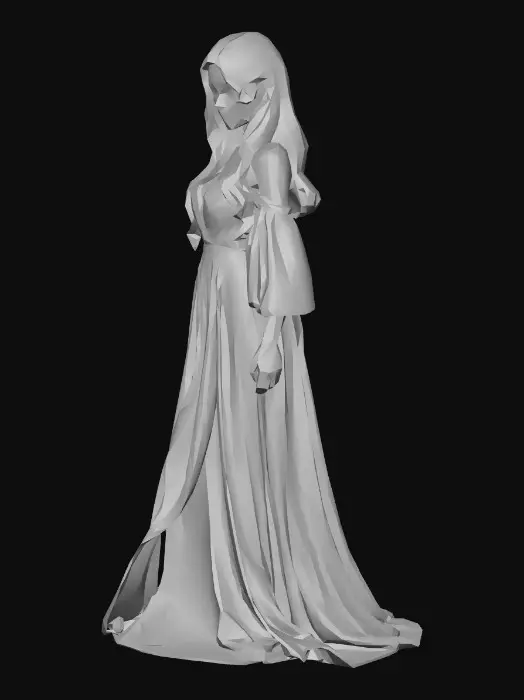 3D model for 女性：“那少女披着一袭轻纱般的白衣，犹似身在烟中雾里，看来约莫十六七岁年纪，除了一头黑发之外，全身雪白，面容秀美绝俗，只是肌肤间少了一层血色，显得苍白异常。”
