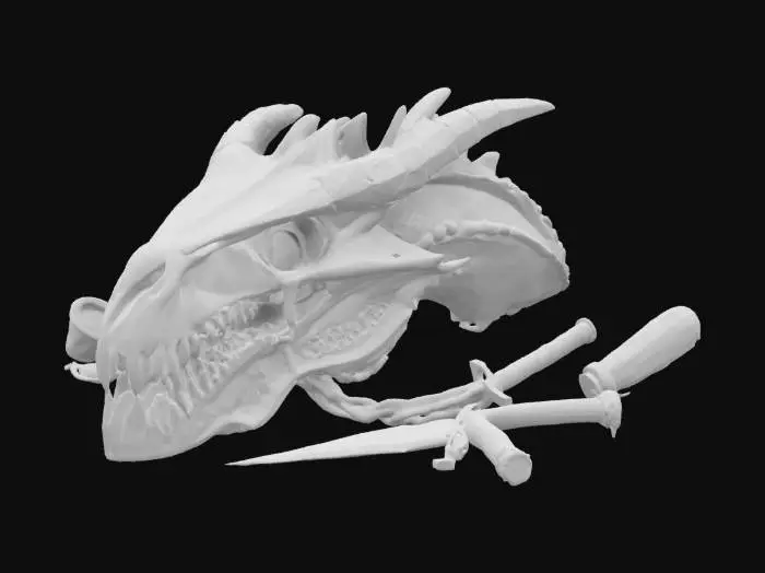 3D model for Create a detailed 3D model of an ancient dragon’s skull, half-buried in a windswept desert. The skull is massive, with cracked horns, weathered fangs, and intricate carvings hinting at lost legends. Sand has piled into its hollow eye sockets, and glowing runes faintly pulse along the bone. Surround it with scattered relics—rusted swords, broken armor, and remnants of a forgotten battle. The scene should feel mystical, as if the skull holds secrets of an ancient, powerful creature.