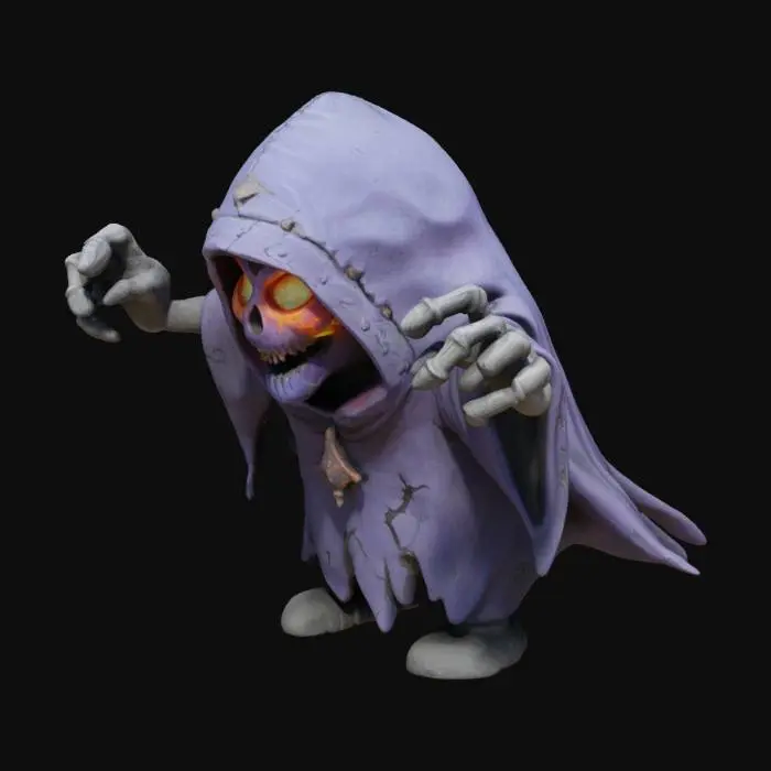 3D model for Create a 3D model of Hex, a floating, cursed mask with glowing, shifting eyes and a tattered, shadowy cloak. The mask has cracks, eerie carvings, and a faint glow, while the cloak moves like living mist. Hex’s skeletal hands radiate dark energy. Animations: Idle (cloak shifts), Attack (fires ghostly orbs), Super (chains shoot out), Defeat (mask cracks, dissolves into mist). The style is cartoony yet polished, fitting Brawl Stars’ aesthetic.