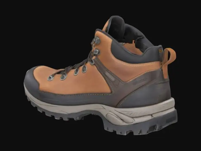 3D model for "A single ultra-realistic trekking shoe photographed from a three-quarter angle, high-end outdoor hiking boot with premium leather and synthetic materials, weathered brown and black colorway, detailed stitching and texture, rugged Vibram-style sole with deep lugs, metal eyelets and speed laces, padded ankle collar, toe cap protection, subtle scuff marks and wear patterns showing authentic use, professional product photography lighting, neutral background, 8K resolution, photorealistic rendering, macro detail level"