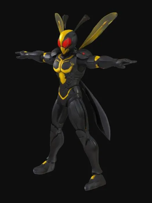 3D model for Photorealistic Kamen Rider inspired by bee, mainly black armor with subtle yellow details, bright red compound eyes featuring hexagonal honeycomb pattern, small head with perfect proportions, muscular defined upper body, long elongated arms and legs, handsome and cool appearance, botanical organic design elements, realistic plant-like texture details, metallic finish with realistic materials, intricate hexagonal compound eyes on helmet, no wings, no weapons, T-pose reference with arms spread horizontally, hyperrealistic rendering, Japanese superhero tokusatsu style, professional 3D model