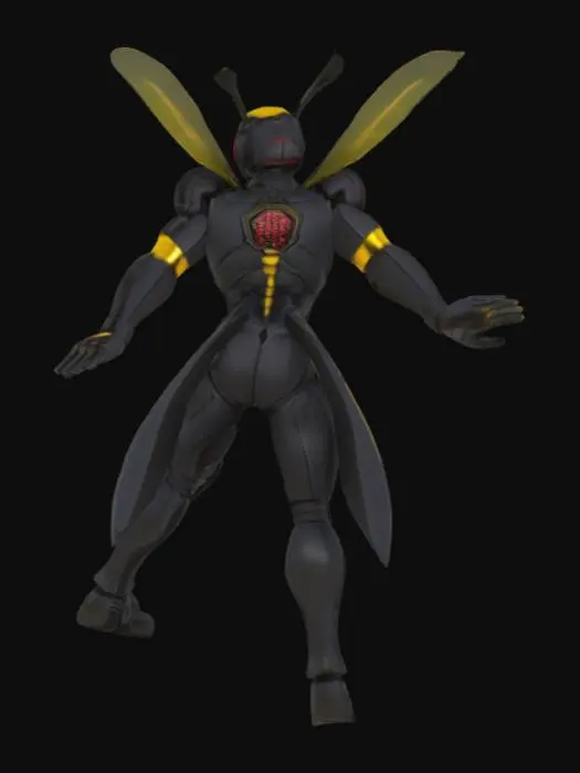 3D model for Photorealistic Kamen Rider inspired by bee, mainly black armor with subtle yellow details, bright red compound eyes featuring hexagonal honeycomb pattern, small head with perfect proportions, muscular defined upper body, long elongated arms and legs, handsome and cool appearance, botanical organic design elements, realistic plant-like texture details, metallic finish with realistic materials, intricate hexagonal compound eyes on helmet, no wings, no weapons, T-pose reference with arms spread horizontally, hyperrealistic rendering, Japanese superhero tokusatsu style, professional 3D model