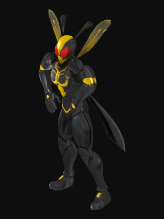3D model for Photorealistic Kamen Rider inspired by bee, mainly black armor with subtle yellow details, bright red compound eyes featuring hexagonal honeycomb pattern, small head with perfect proportions, muscular defined upper body, long elongated arms and legs, handsome and cool appearance, botanical organic design elements, realistic plant-like texture details, metallic finish with realistic materials, intricate hexagonal compound eyes on helmet, no wings, no weapons, T-pose reference with arms spread horizontally, hyperrealistic rendering, Japanese superhero tokusatsu style, professional 3D model