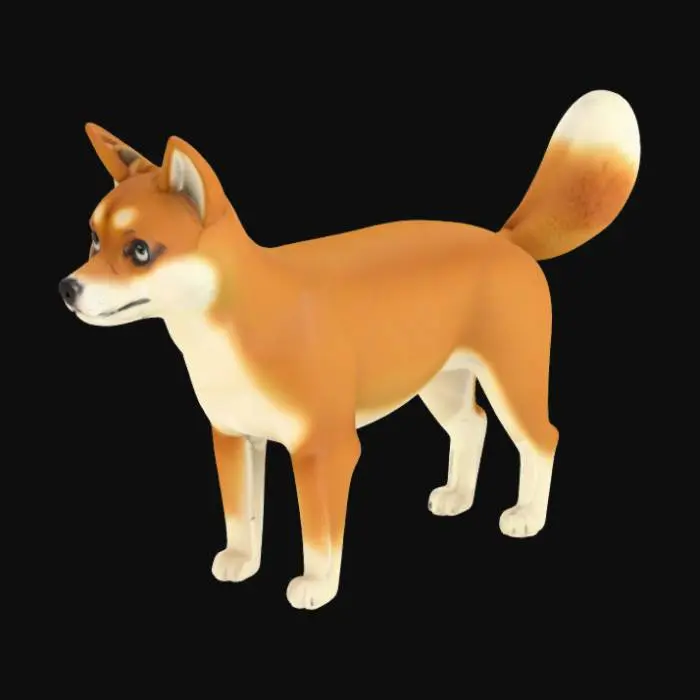 3D model for 3D model of a Shiba Inu dog, fox-faced with narrow snout, long slender legs, short smooth coat, adorable small dark eyes, straight hanging tail, standing pose, clean geometry, photorealistic textures