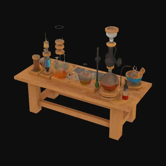 3D model for Drewniany stół alechemiczny z menzurkami, probówkami, miksturami, karafkami, destylatorem, albemikiem, próbnikiem, w stylu średniowiecznym. Stół, powinien być prostokątny, zbyty z sosnowego drewna, widoczne powinny być słoje i różnice w wysokości między deskami. 