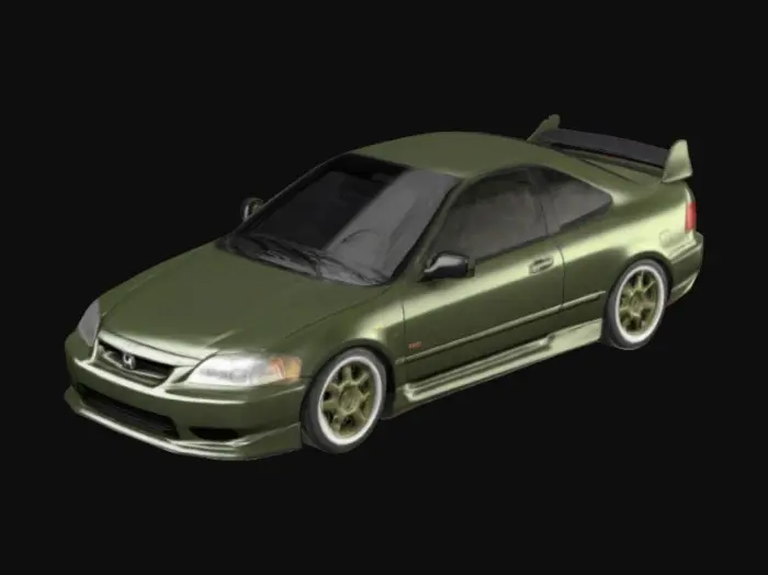 3D model for Pay attention to details , 4K render,  extremely realistic, take time to match dimensions to the real vehicle, 1999 Honda Civic SIR, 
2 door coupe, ek, car painted Army green/ olive drab, lowered vehicle, low profile wheels with thin tires, white steel rims, black fender flares, matte black hood/roof/trunk,
Make sure it is very realistic, 
Go over entire render twice and scan for hallucinations missed 