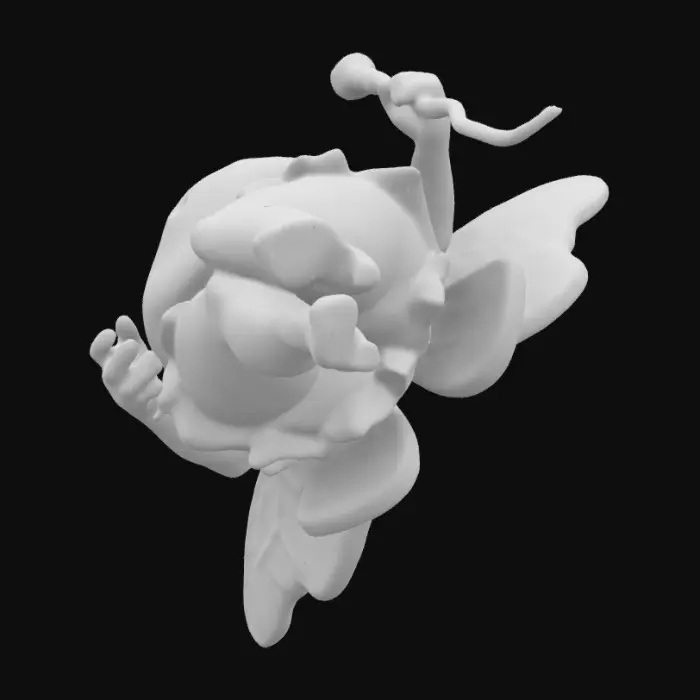 3D model for A shunned unaccepted “ugly” fairy, 
Fairy is overweight,
It’s wearing a fairy outfit that doesnt fit and is too small , 
skirt is tight and unattractive, Awkwardly shaped- ugly wings, 
Wings are too small for its body size,
It has a hunchback,
It has an ugly face with a big nose with a large bumpy wart or mole on the nose,
It’s holding a fairy wand with a 5 pointed star on the end, 
The wand is drooped over and sad looking in it’s appearance, 
Fairy is floating Off the ground 