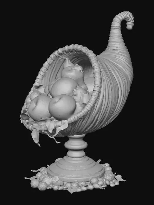 3D model for A cornucopia on a majestic base, themed for thanksgiving. The cornucopia has high-resolution and there is fruit inside. #Thanksgiving#