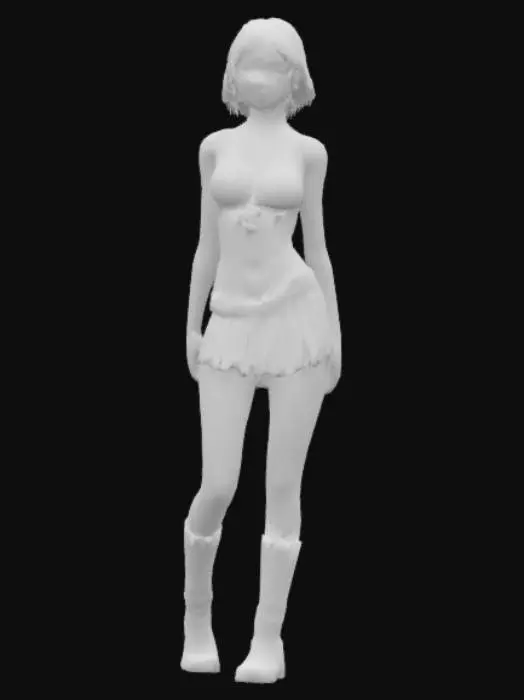 3D model for A charming Asian woman with a slim waist. She has light-colored eyes, her head slightly turned in a graceful pose. Her short, straight, dark auburn hair gently frames her face. She wears a delicate, ragged cloth, mini skirt, flowing fabric that moves softly with the breeze. Around her neck rests an intricately detailed pendant on a fine necklace, adding a touch of perfect figure