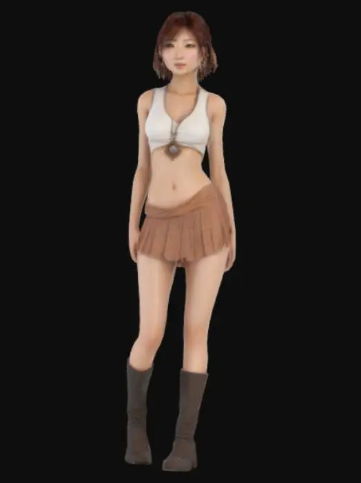 3D model for A charming Asian woman with a slim waist. She has light-colored eyes, her head slightly turned in a graceful pose. Her short, straight, dark auburn hair gently frames her face. She wears a delicate, ragged cloth, mini skirt, flowing fabric that moves softly with the breeze. Around her neck rests an intricately detailed pendant on a fine necklace, adding a touch of perfect figure