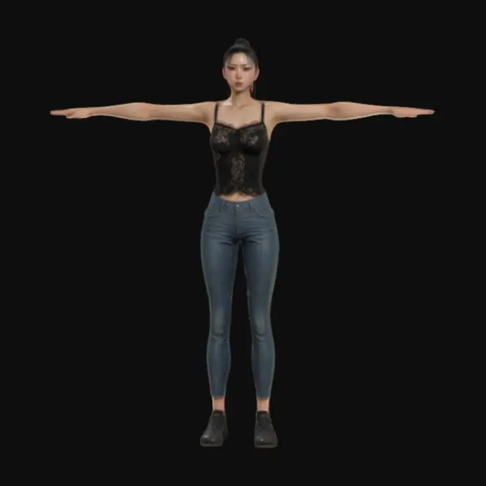3D model for Malcolm Liepke art style, Adult gorgeous Japanese woman, long hair in a high ponytail,  the texture is clean and has no defects, wearing a black lace top and woman with legs squared off, Highly Detailed, Full Body realistic, Highly Detailed, stand position, reasonable limbs, 3D style, Full Body, 4K texture, #realistic# 