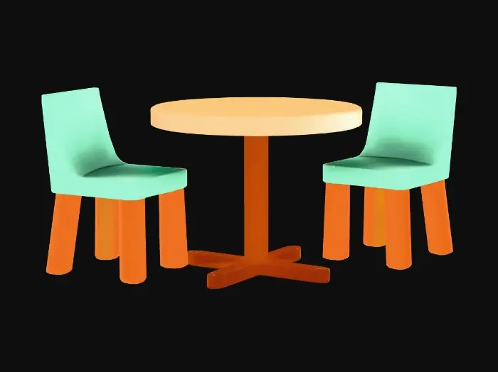 3D model for Low-poly stylized 3D model of a small café table set, cartoon-like and simplified.
The table is round with a thick tabletop, slightly beveled edges, and very simple geometry. It stands on four chunky legs, each made from basic rectangular prisms with no small details. The proportions are slightly exaggerated: the tabletop is wider than realistic, and the legs are a bit short and sturdy, giving a playful look. All edges are softly rounded but kept low in polygon count.
Behind the table are two simple chairs. Each chair has a flat rectangular seat, four blocky legs, and a tall backrest made from a single solid piece. The backrest is slightly curved backward using minimal geometry. The overall model is clean, smooth, and optimized for games.