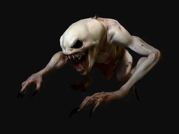 3D model for A creature crawling with no face and with a wide opening mouth scary in appearance with pale skin and with sharp nails and aggressive