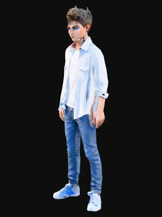 3D model for Generated a character of a teen boy with a charming face, wolfcut hairstyle, blue eyes, good physique, wearing a white shirt, blue jeans, and white sneakers