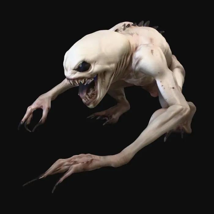 3D model for A creature crawling with no face and with a wide opening mouth scary in appearance with pale skin and with sharp nails and aggressive