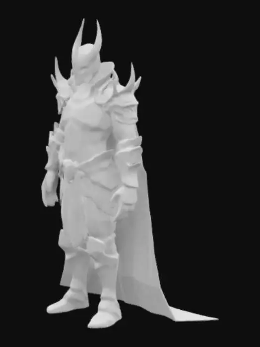 3D model for Crea a un señor oscuro, con una armadura medieval y casco con puntas, la armadura de color negro y unos ojos rojos que salen desde el casco, hazlo lowpoly