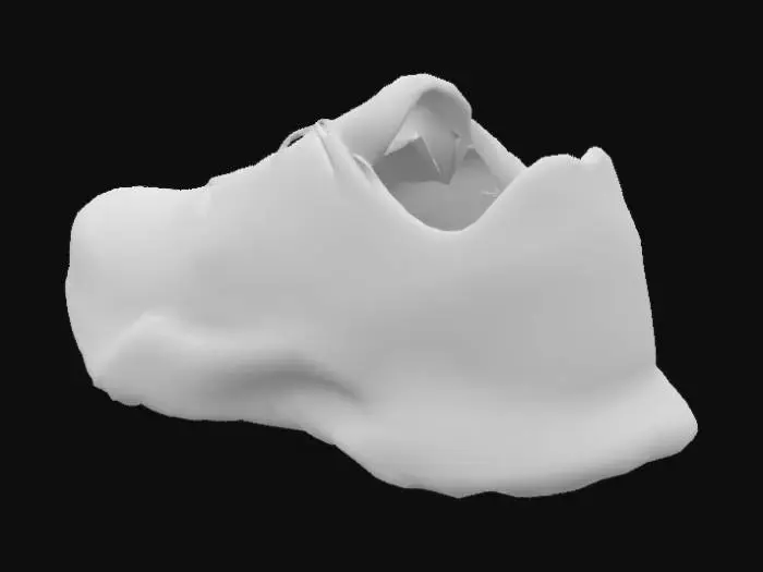 3D model for Sneaker, right side, running shoe, one shoe, black and white and yellow color palette, cartoony yellow lightning bolt logo on outer side of shoe, strap laces