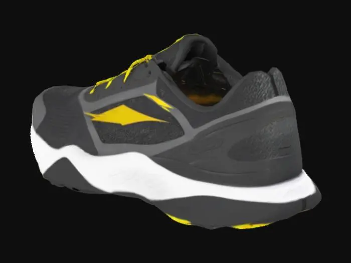 3D model for Sneaker, right side, running shoe, one shoe, black and white and yellow color palette, cartoony yellow lightning bolt logo on outer side of shoe, strap laces