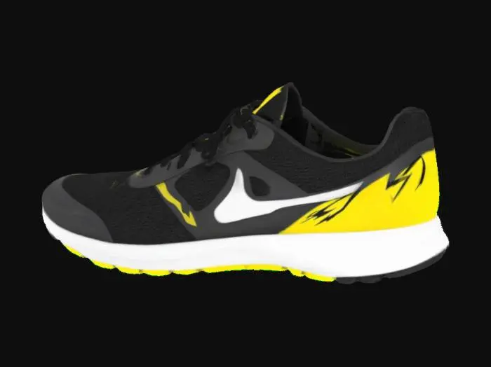 3D model for Sneaker, right side, running shoe, one shoe, black and white and yellow color palette, cartoony yellow lightning bolt logo on outer side of shoe, strap laces