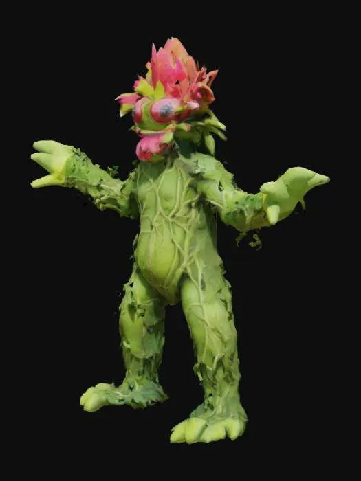 3D model for #garden#, giant plant humanoid plant creature made up of vines and leafs, the creature's head is made of a flower and the mouth of a venus fly trap and googly eyes, the creature is standing in a tpose position