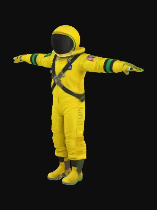3D model for hyperrealistic yellow astronaut suit with green and black diagonal stripe designs throughout suit, jamaican flag patch on arms, tpose