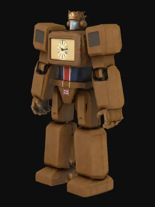 3D model for #AroundTheWorld#, Big Ben clock tower as a transformer robot, Clock face as a face, boxy arms and legs, brown stone color like big Ben, union jack flag on chest, crown on top of the head, vintage style robot, Highly Detailed, Symmetrical Body, full body t pose