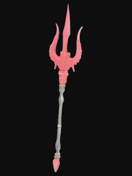3D model for #ocean#, An ocean-inspired trident features a sleek, elongated form with a long handle and three sharply tapered prongs, all crafted from polished silver, giving them a smooth, reflective surface. Around the trident's head, where the prongs meet, and along sections of the handle, intricate designs of vibrant pink coral are delicately integrated. These coral elements exhibit a naturally porous and somewhat rough texture, providing a striking contrast to the smooth, cool silver.