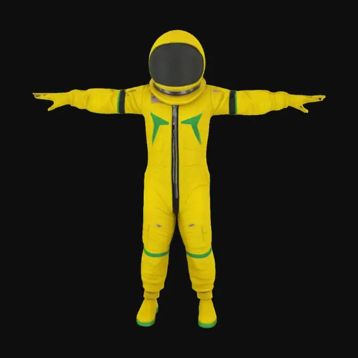 3D model for hyperrealistic yellow astronaut suit with green and black diagonal stripe designs throughout suit, jamaican flag patch on arms, tpose