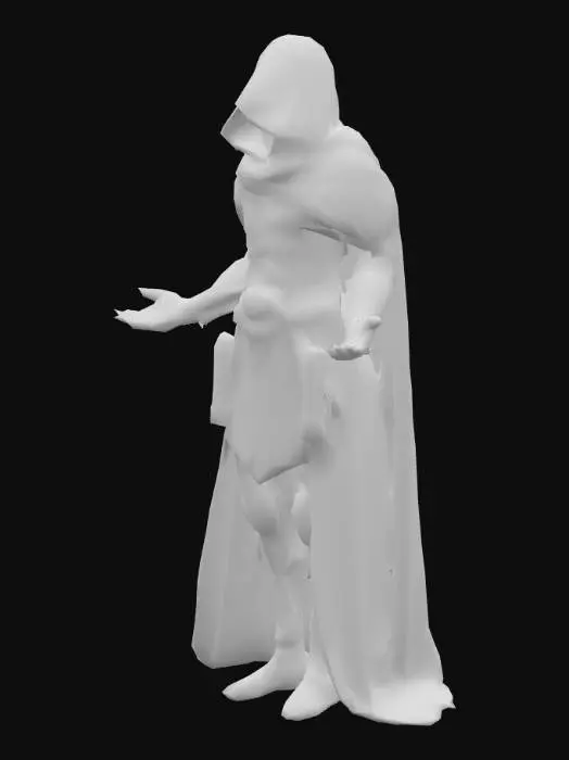 3D model for A dark Gothic soldier with flowing red cape. Dual wielding scimitars that are glowing blue and purple.