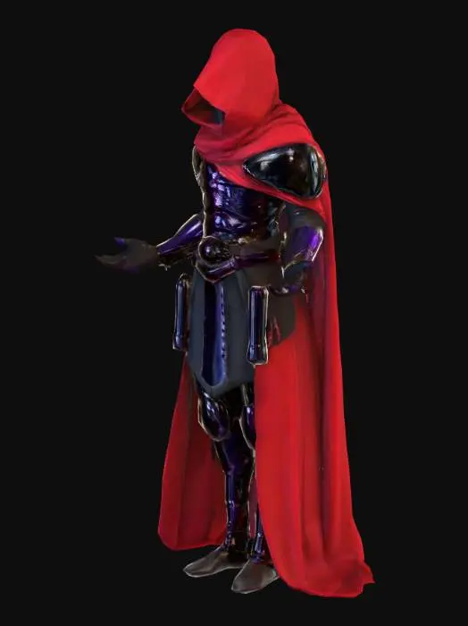 3D model for A dark Gothic soldier with flowing red cape. Dual wielding scimitars that are glowing blue and purple.