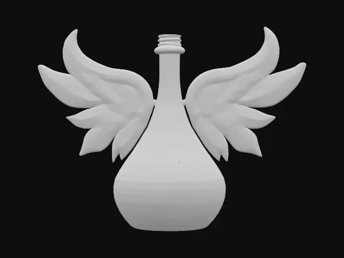 3D model for An asymmetrical magic bottle adorned with wing-like decorations. Its midnight black body is painted with flowing star patterns, embellished with a fine pearlescent shimmer, and tilts as if poised for flight. The opening is sealed by two outstretched, translucent purple "demon wings" forming the stopper, while a pulsating green cat's eye stone is embedded centrally. The bottle feels smooth and cool, with an eerie yet captivating form, radiating the allure of forbidden magic.