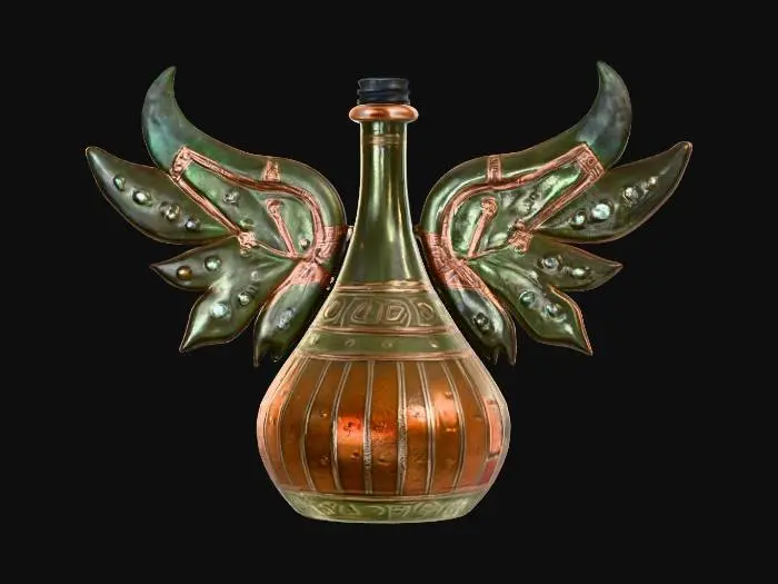 3D model for An asymmetrical magic bottle adorned with wing-like decorations. Its midnight black body is painted with flowing star patterns, embellished with a fine pearlescent shimmer, and tilts as if poised for flight. The opening is sealed by two outstretched, translucent purple "demon wings" forming the stopper, while a pulsating green cat's eye stone is embedded centrally. The bottle feels smooth and cool, with an eerie yet captivating form, radiating the allure of forbidden magic.