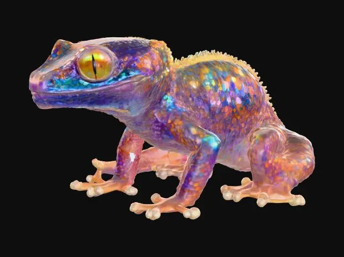 3D model for A miniature, crouching gecko, its entire body covered in a mesmerizing, scaly texture that glows with a shifting, oil-slick iridescence, blending deep teal, royal blue, and fiery red-orange hues. Each individual scale appears as a tiny, highly polished metallic plate, creating a bumpy yet slick surface. Its slender limbs and prehensile tail possess the same metallic, almost enameled quality, feeling cool and firm to the touch, like a living, articulated piece of high-tech jewelry.