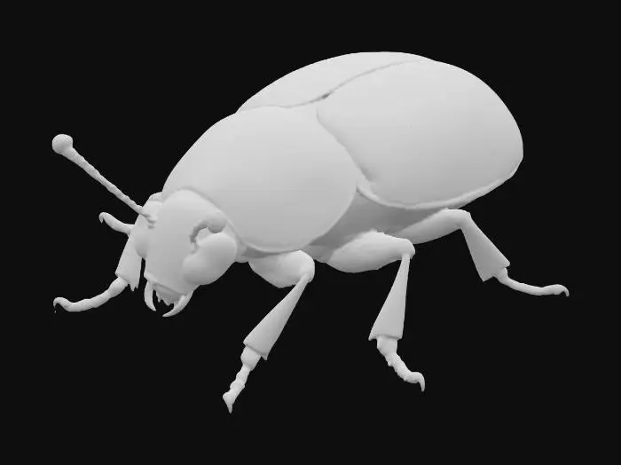 3D model for A small, stylized beetle, its robust, segmented carapace gleaming with an extraordinary iridescent sheen, shifting from deep emerald green to sapphire blue and fiery bronze as light catches its surface. The material appears to be a highly polished, hard metallic alloy, giving it a smooth yet incredibly rigid feel. Its delicate antennae and segmented legs also possess this lustrous finish, suggesting a creature of both natural form and precious, sculpted artistry.