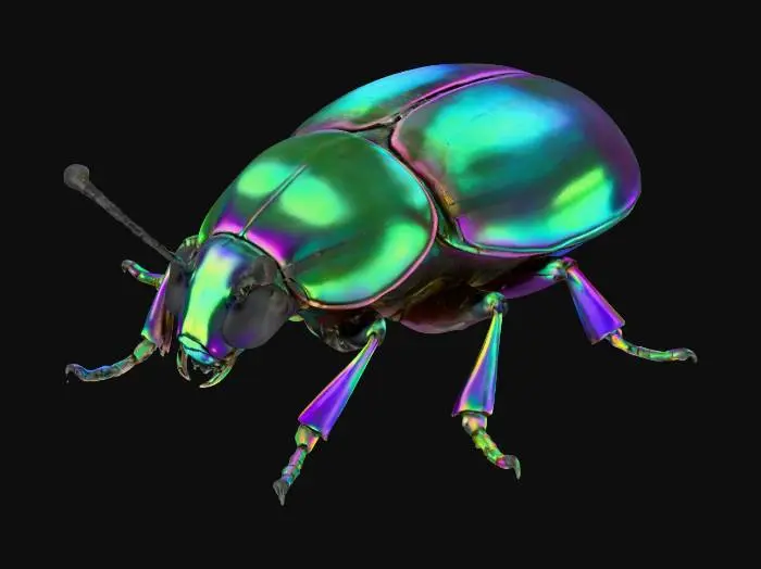 3D model for A small, stylized beetle, its robust, segmented carapace gleaming with an extraordinary iridescent sheen, shifting from deep emerald green to sapphire blue and fiery bronze as light catches its surface. The material appears to be a highly polished, hard metallic alloy, giving it a smooth yet incredibly rigid feel. Its delicate antennae and segmented legs also possess this lustrous finish, suggesting a creature of both natural form and precious, sculpted artistry.
