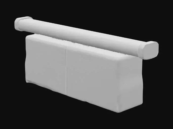 3D model for A heavy, immovable street barrier, composed of a solid, rectangular concrete block with a single, thick horizontal bar cast directly into its upper section. The concrete is a uniform light grey, with a coarse, porous texture visible on its surface, showing minor chips and abrasions. The embedded bar feels as rough as the concrete itself. This barrier feels cold and exceptionally solid, conveying a sense of permanence and unyielding strength.