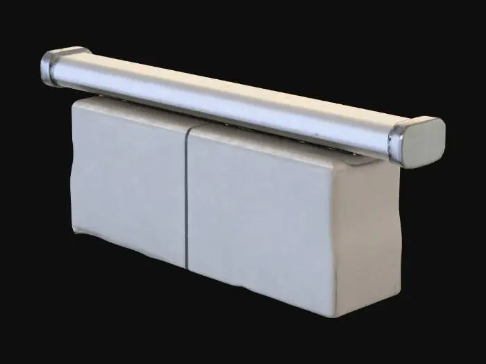 3D model for A heavy, immovable street barrier, composed of a solid, rectangular concrete block with a single, thick horizontal bar cast directly into its upper section. The concrete is a uniform light grey, with a coarse, porous texture visible on its surface, showing minor chips and abrasions. The embedded bar feels as rough as the concrete itself. This barrier feels cold and exceptionally solid, conveying a sense of permanence and unyielding strength.