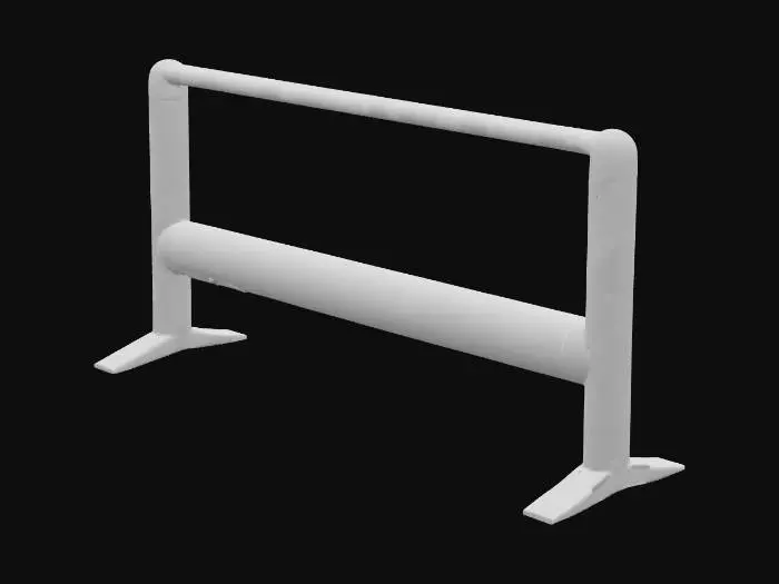3D model for A modern pedestrian barrier, featuring a single, vibrant orange plastic horizontal bar that appears slightly translucent. This bar is supported by two integrated, upright plastic feet, forming a stable, lightweight structure. The material has a smooth, semi-glossy finish, with subtle scuff marks. It feels somewhat flexible and warm to the touch, designed for easy deployment and high visibility in urban settings.