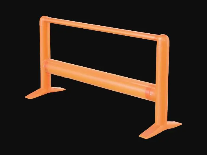 3D model for A modern pedestrian barrier, featuring a single, vibrant orange plastic horizontal bar that appears slightly translucent. This bar is supported by two integrated, upright plastic feet, forming a stable, lightweight structure. The material has a smooth, semi-glossy finish, with subtle scuff marks. It feels somewhat flexible and warm to the touch, designed for easy deployment and high visibility in urban settings.
