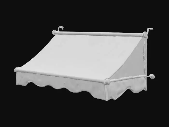 3D model for A weathered fabric awning, featuring alternating dark grey and off-white vertical stripes. Its surface shows visible signs of aging, with subtle rust-colored stains and fading on the fabric. The awning is constructed from multiple panels, creating a gently undulating, folded structure. Several orange-brown, oval-shaped buttons or fixtures are evenly spaced along its top edge. The fabric feels coarse and somewhat stiff from exposure, while the buttons appear solid, giving the entire piece a worn, utilitarian yet classic street-side aesthetic.