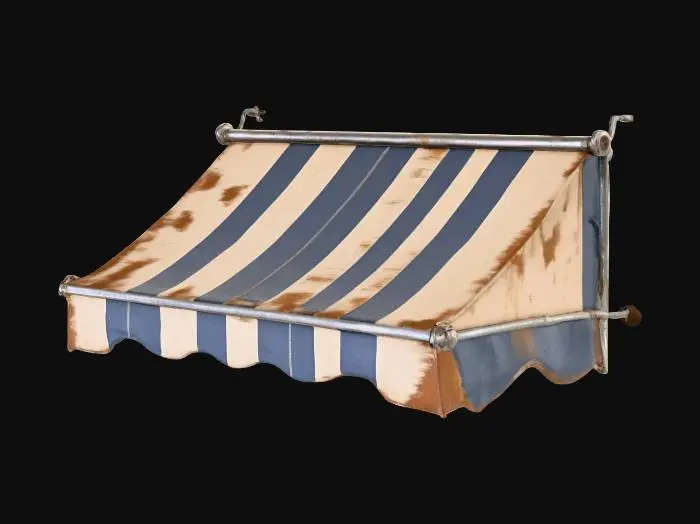 3D model for A weathered fabric awning, featuring alternating dark grey and off-white vertical stripes. Its surface shows visible signs of aging, with subtle rust-colored stains and fading on the fabric. The awning is constructed from multiple panels, creating a gently undulating, folded structure. Several orange-brown, oval-shaped buttons or fixtures are evenly spaced along its top edge. The fabric feels coarse and somewhat stiff from exposure, while the buttons appear solid, giving the entire piece a worn, utilitarian yet classic street-side aesthetic.