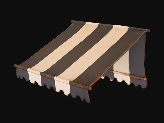 3D model for A weathered fabric awning, featuring alternating dark grey and off-white vertical stripes. Its surface shows visible signs of aging, with subtle rust-colored stains and fading on the fabric. The awning is constructed from multiple panels, creating a gently undulating, folded structure. Several orange-brown, oval-shaped buttons or fixtures are evenly spaced along its top edge. The fabric feels coarse and somewhat stiff from exposure, while the buttons appear solid, giving the entire piece a worn, utilitarian yet classic street-side aesthetic.