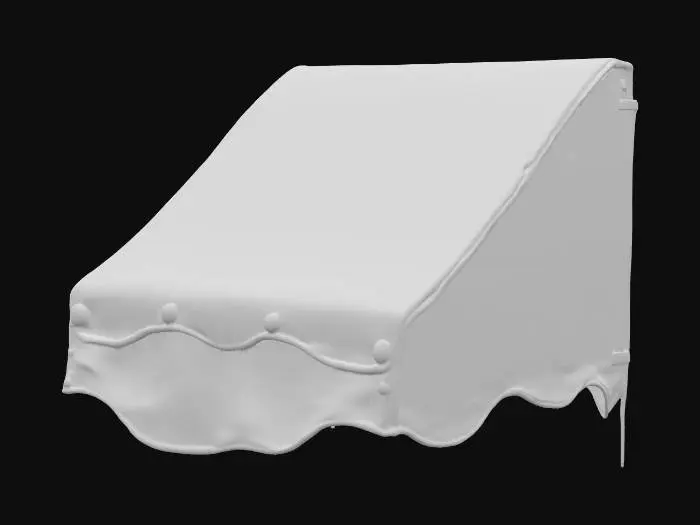 3D model for A weathered fabric awning, featuring alternating dark grey and off-white vertical stripes. Its surface shows visible signs of aging, with subtle rust-colored stains and fading on the fabric. The awning is constructed from multiple panels, creating a gently undulating, folded structure. Several orange-brown, oval-shaped buttons or fixtures are evenly spaced along its top edge. The fabric feels coarse and somewhat stiff from exposure, while the buttons appear solid, giving the entire piece a worn, utilitarian yet classic street-side aesthetic.