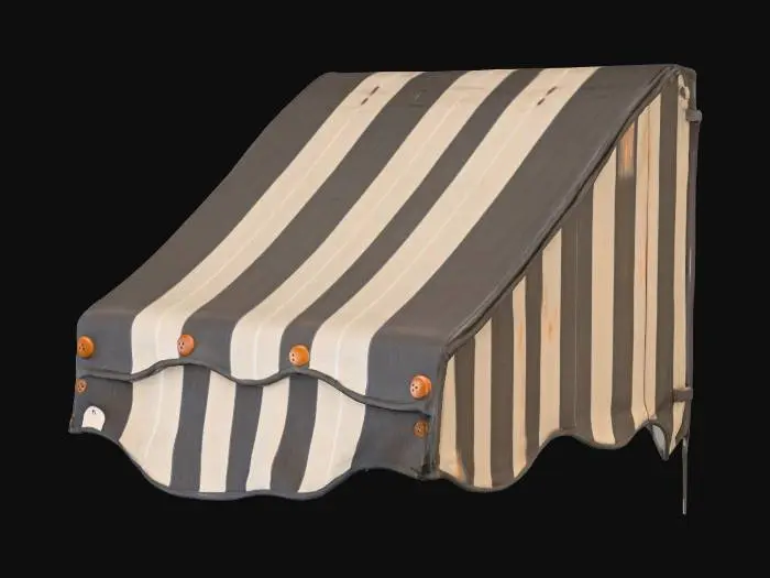 3D model for A weathered fabric awning, featuring alternating dark grey and off-white vertical stripes. Its surface shows visible signs of aging, with subtle rust-colored stains and fading on the fabric. The awning is constructed from multiple panels, creating a gently undulating, folded structure. Several orange-brown, oval-shaped buttons or fixtures are evenly spaced along its top edge. The fabric feels coarse and somewhat stiff from exposure, while the buttons appear solid, giving the entire piece a worn, utilitarian yet classic street-side aesthetic.