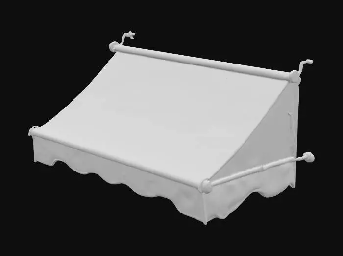 3D model for A weathered fabric awning, featuring alternating dark grey and off-white vertical stripes. Its surface shows visible signs of aging, with subtle rust-colored stains and fading on the fabric. The awning is constructed from multiple panels, creating a gently undulating, folded structure. Several orange-brown, oval-shaped buttons or fixtures are evenly spaced along its top edge. The fabric feels coarse and somewhat stiff from exposure, while the buttons appear solid, giving the entire piece a worn, utilitarian yet classic street-side aesthetic.