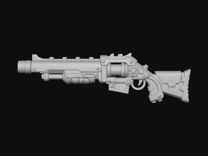 3D model for Stylized steampunk rifle with orange metal plating, blue-gray steel frame, glowing energy chamber, and heat-burned paint edges. Soft rim lighting, hand-painted stylized metal texture, high contrast warm vs cool tones, thick proportions, black background, Torchlight-style fantasy tech weapon.