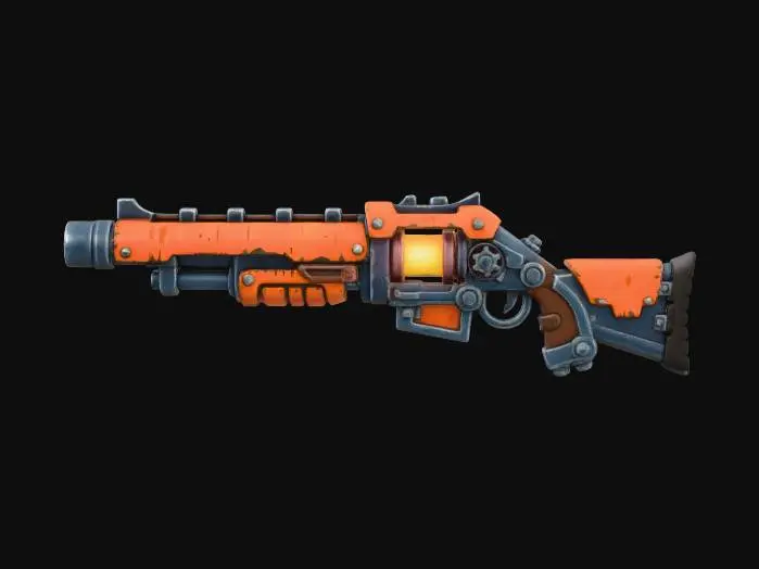 3D model for Stylized steampunk rifle with orange metal plating, blue-gray steel frame, glowing energy chamber, and heat-burned paint edges. Soft rim lighting, hand-painted stylized metal texture, high contrast warm vs cool tones, thick proportions, black background, Torchlight-style fantasy tech weapon.